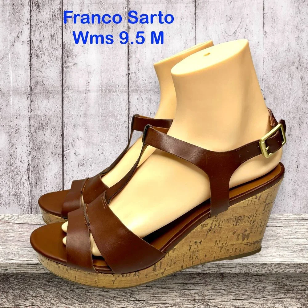 Franco Sarto Womens Brown Faux Leather Strappy Platform Wedge‎ Sandal Size 9.5M